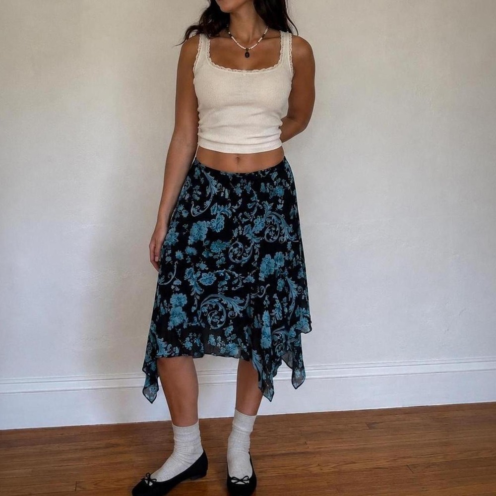Vintage Flowy Asymmetrical Chiffon Midi Skirt Black Teal Women M Boho Fairy Y2K